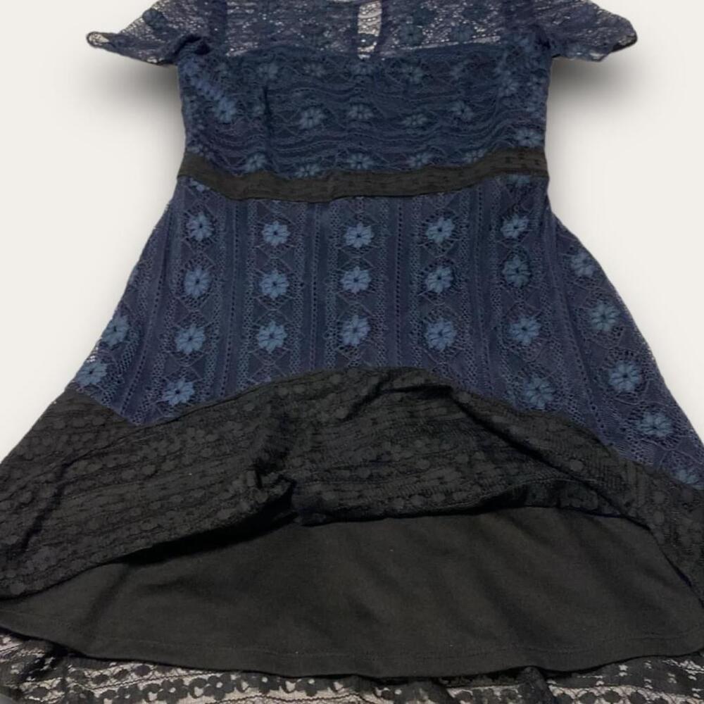 Floral Overlay Mini Dress Lace Crochet Kensie Size 4 Navy Black Summer Chic - Picture 2 of 6